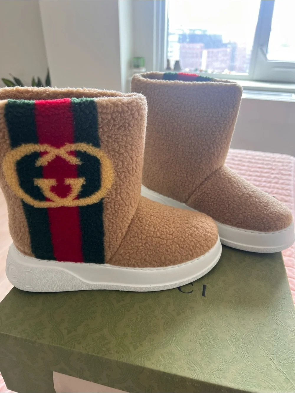 Gucci Tan Shearling Boot with Red & Green Stripe and Yellow Logo.